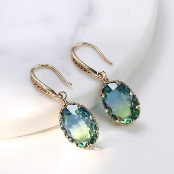 Blue-Green Gradient Crystal in Gold Drop Earrings - Picture 3 of 4